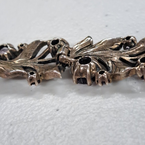 Beautiful Vintage Sterling Silver Amethyst Marcasite Flower Leaf Bracelet - Picture 12 of 12